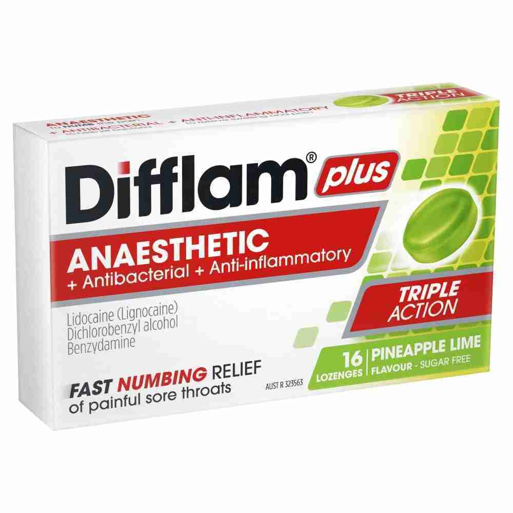 Difflam Plus Anaesthetic Sore Throat Lozenges Pineapple & Lime Flavour 16S - Image 2