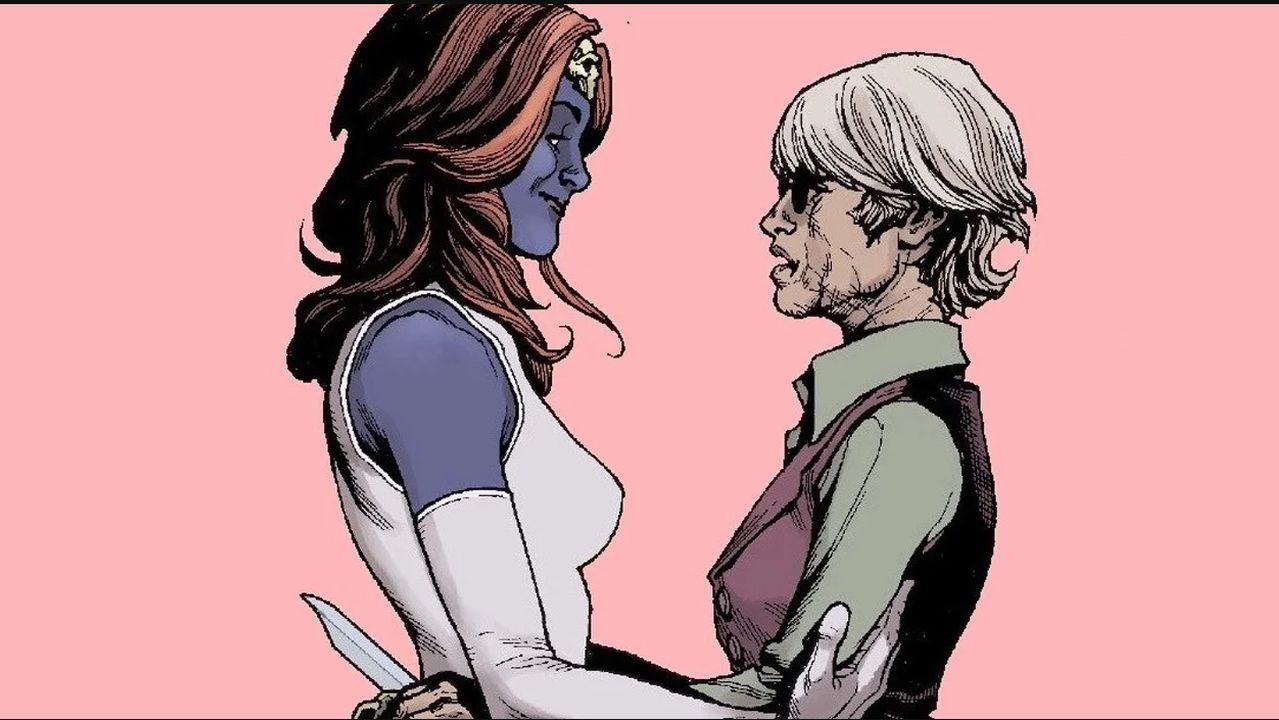 Mystique holding Irene with a plain background. Mystique is smiling, Irene is holding a knife.