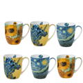 Set of six Latte mugs with Van Gogh's artwork designs on a white background featuring two of each of the iconic paintings Starry Night, Sunflowers and Irises by the legendary Vincent van Gogh.