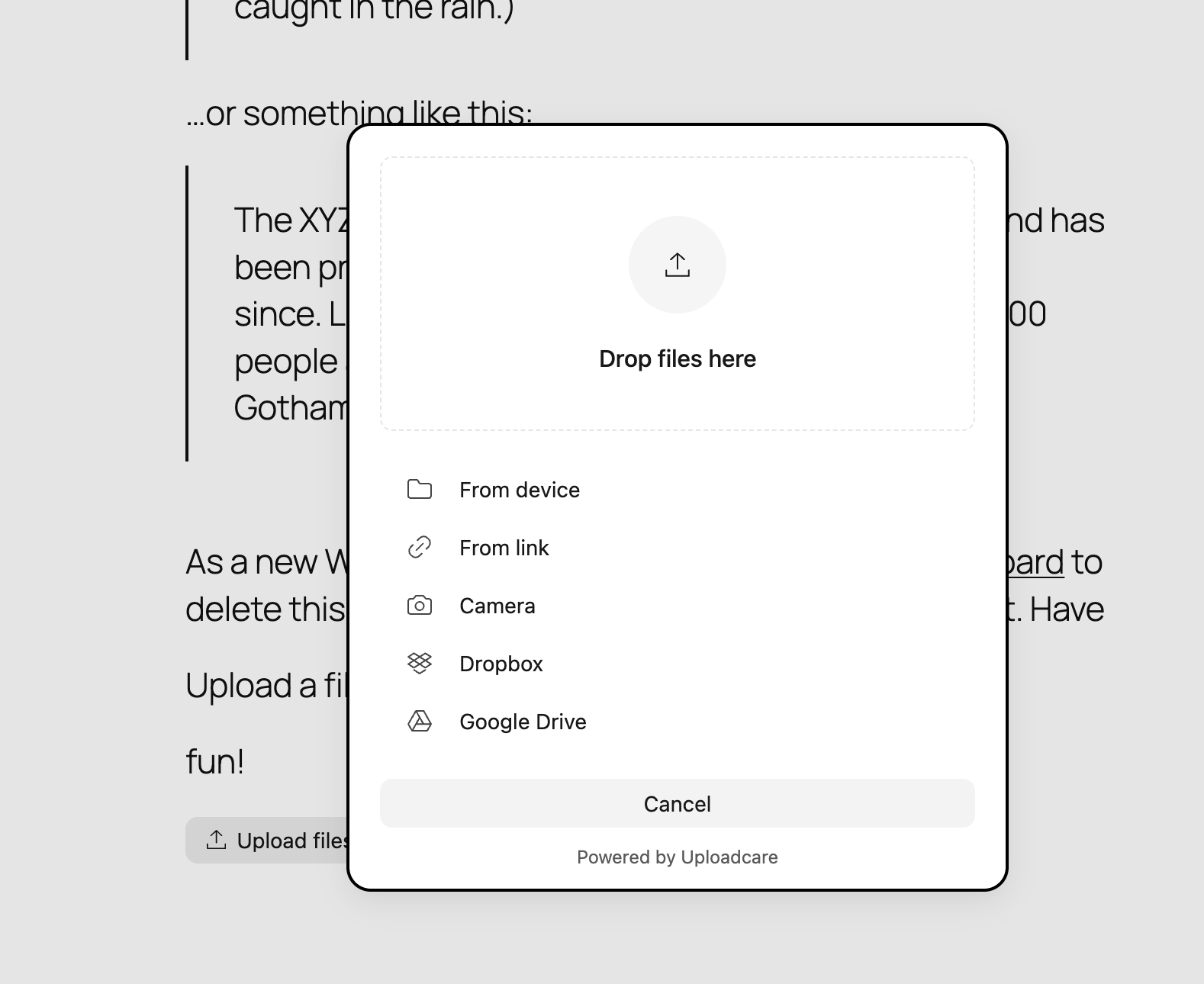 Uploadcare file uploader modal