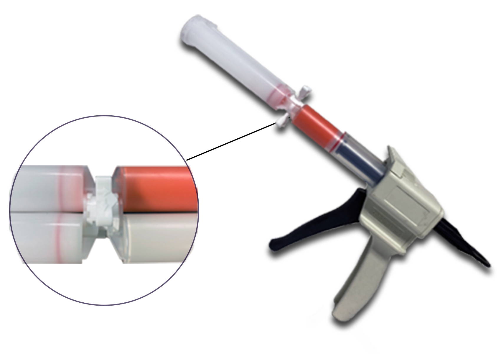 EZ-Connector in use with 2 cartridges attached to a mixing gun. There is a focused circle on the connection of EZ-Connector