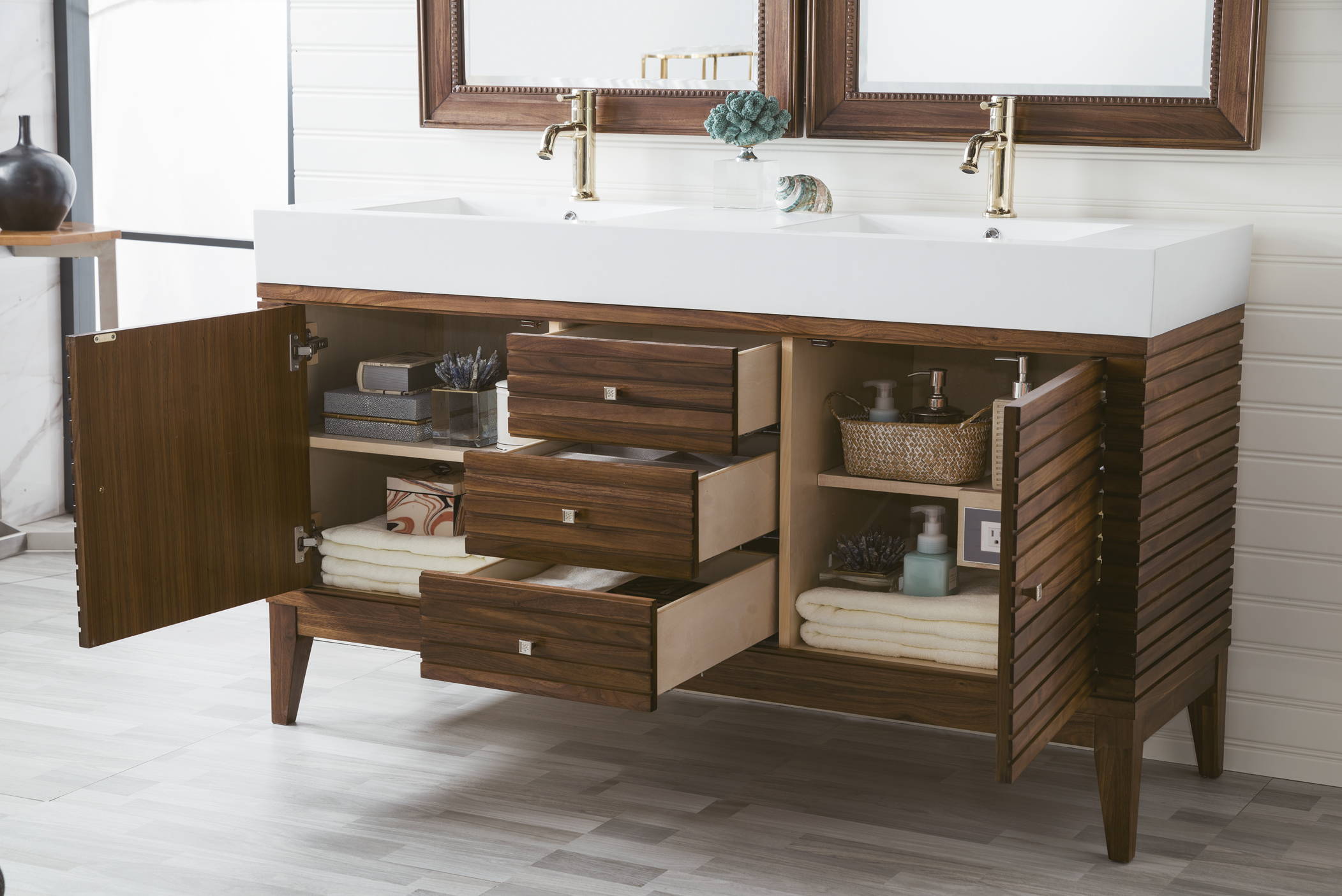 linear 59" double bathroom vanity, mid century walnut
