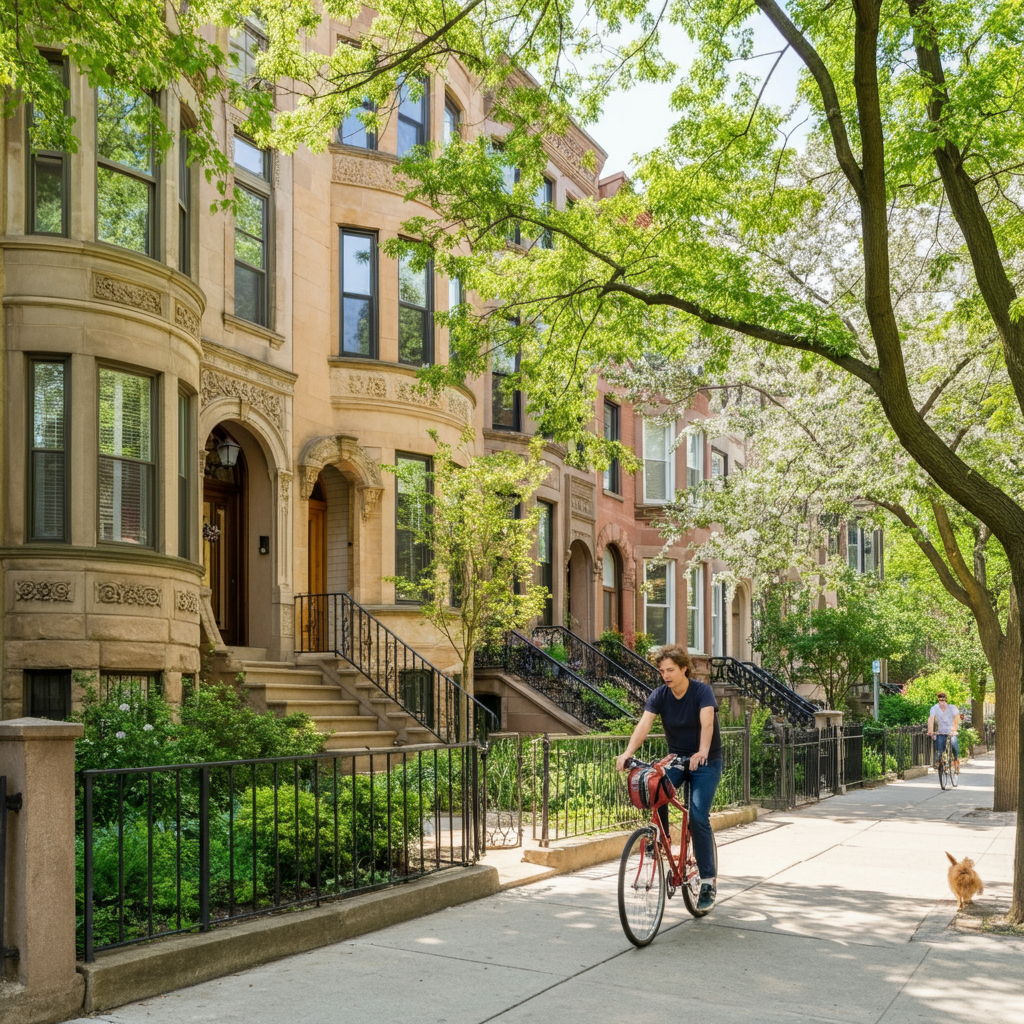 A tree-lined residential street in Lincoln Park featuring a row of classic Chicago brownstones with bay windows and ornate stonework. Young professionals walk dogs while others cycle past. Flowering trees and well-maintained gardens highlight the neighborhood's blend of urban convenience and natural beauty.