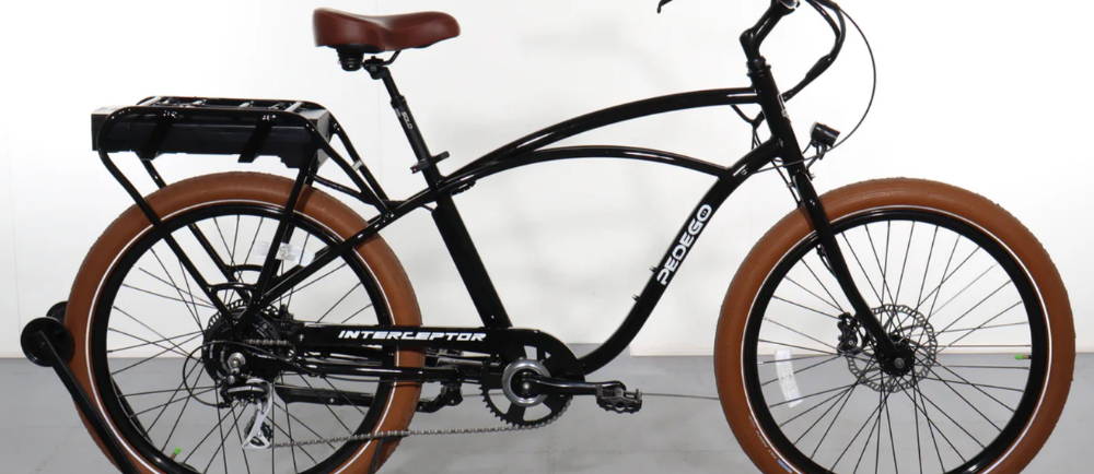 A black Pedego Interceptor electric city bike