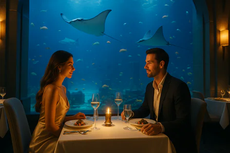 Luxury underwater dining experience for a couple, featuring a candlelit table overlooking a vibrant marine ecosystem with swimming manta rays, stingrays, and schools of fish.