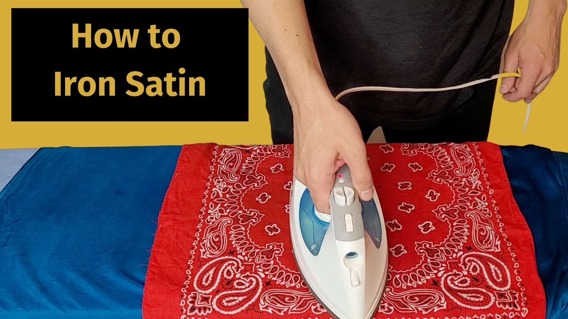how to iron satin banner image with a picture of a man ironing a satin shirt on an ironing board