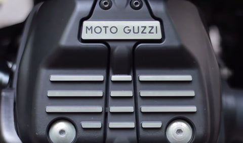 Close-up view of the Moto Guzzi V9 Bobber's 853cc transverse-mounted twin-engine