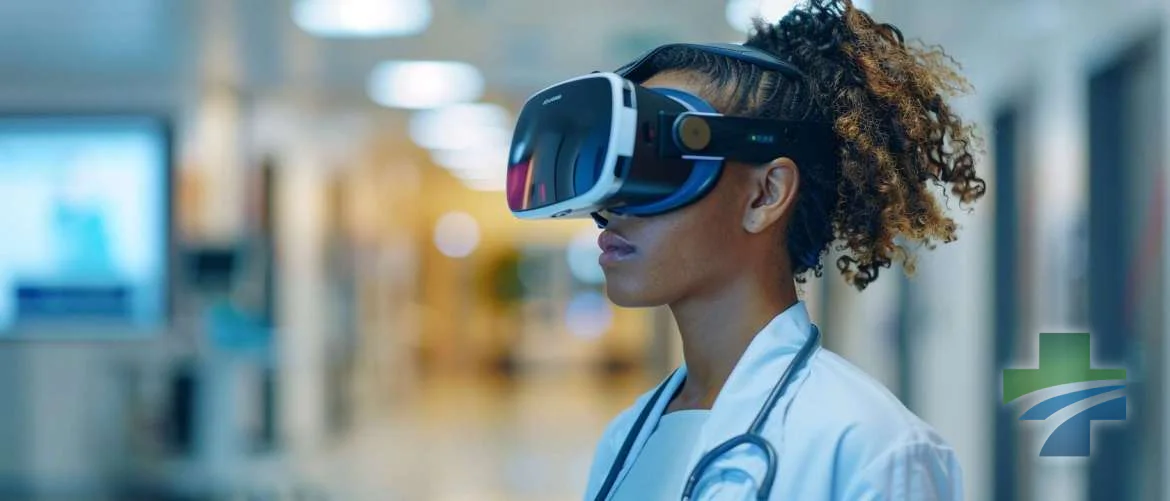 A travel nurse uses VR goggles to simulate patient experiences