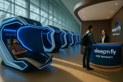 Futuristic blue-lit sleeping pods lined up in a Sleep 'n fly airport lounge at DXB Terminal 3, with a traveler relaxing in a pod and another checking in at the reception desk.