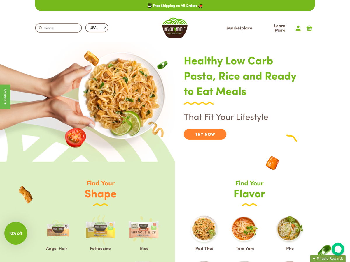 Screenshot of Miracle Noodle, from the food websites collection.