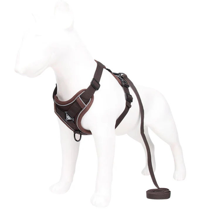 Brown Reflective Mesh Dog and Cat Harness and Leash Set - Adjustable No-Pull Vest - Image 2
