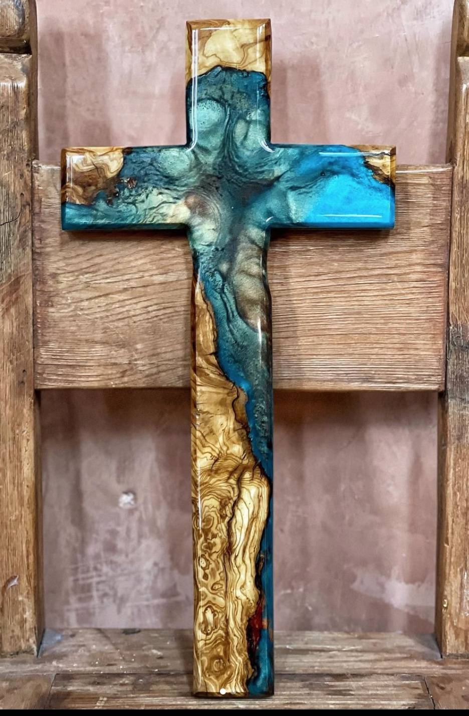 resin and wood cross made with olive wood from High West Wood Products