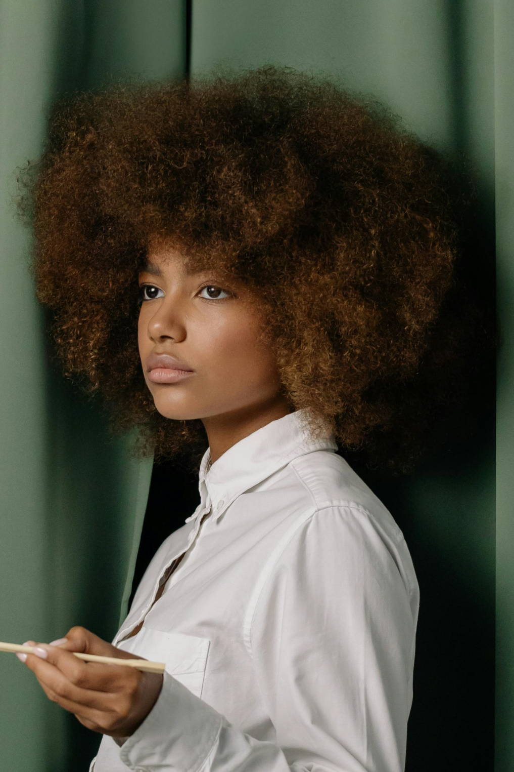 woman with brown afro in front of green curtains