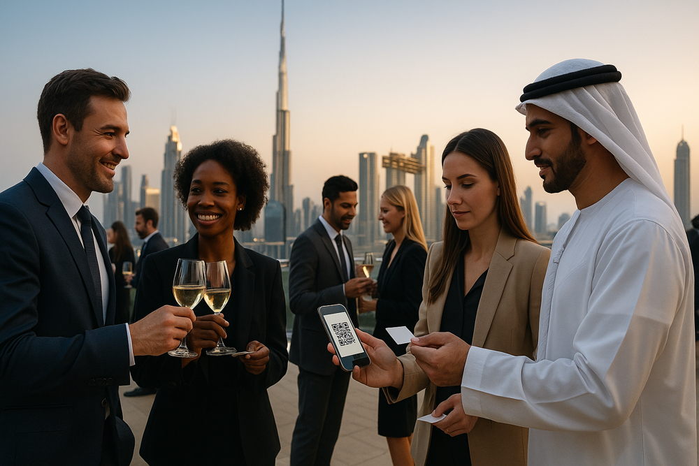 Group of business professionals socializing at an outdoor event in Dubai with the Burj Khalifa and skyline visible, exchanging contact info via QR code.