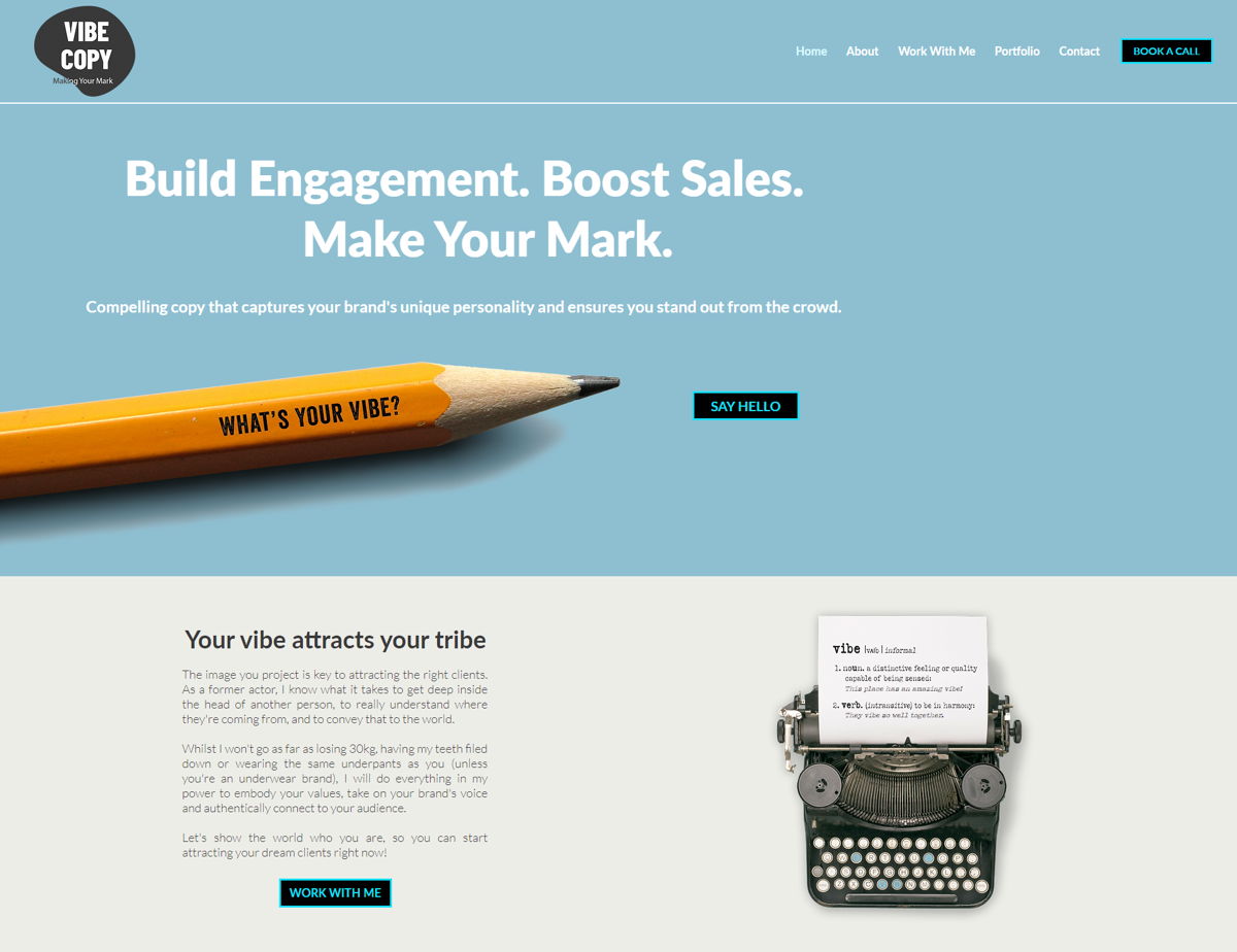 Screenshot of Vibe Copy, from the copywriting portfolios collection.
