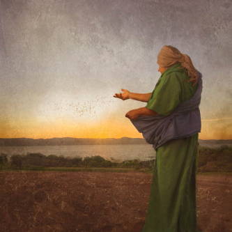 An elderly person tossing out seeds into the field, representing the parable of the sower.