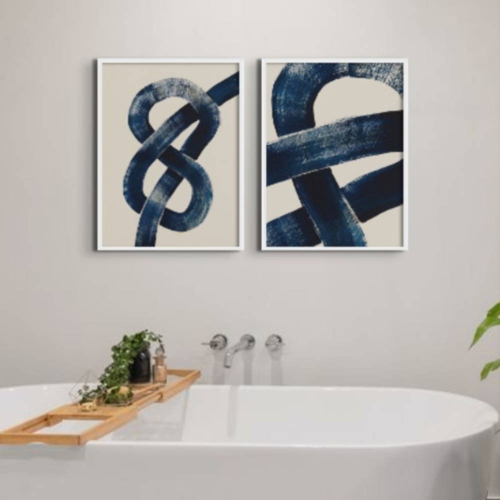 set of two abstract bathroom art prints above free standing bath - abstract blue bathroom art print
