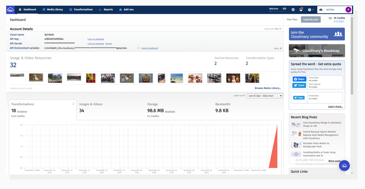 When you log into Cloudinary, you’re welcomed with this Dashboard. Cloudinary dashboard main page