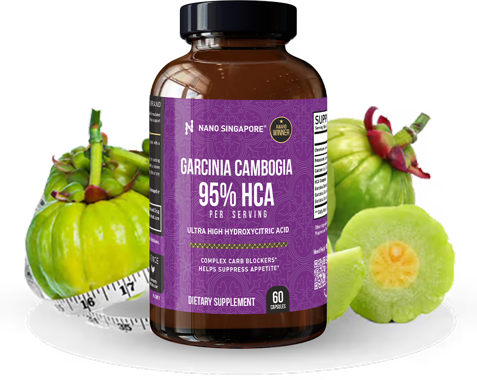 a bottle of Nano Singapore's best natural appetite suppressant surrounded by Garcinia Cambogia