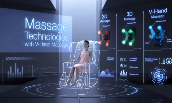 Futuristic digital interface demonstrating 2D, 3D, and V-Hand massage technology mechanisms alongside a 3D holographic model of a massage chair
