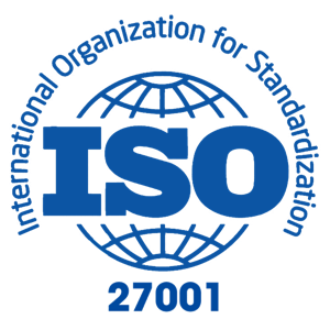Blue ISO logo over a globe outline with the text International Organization for Standardization around the top and 27001 at the bottom, representing ISO 27001 certification.
