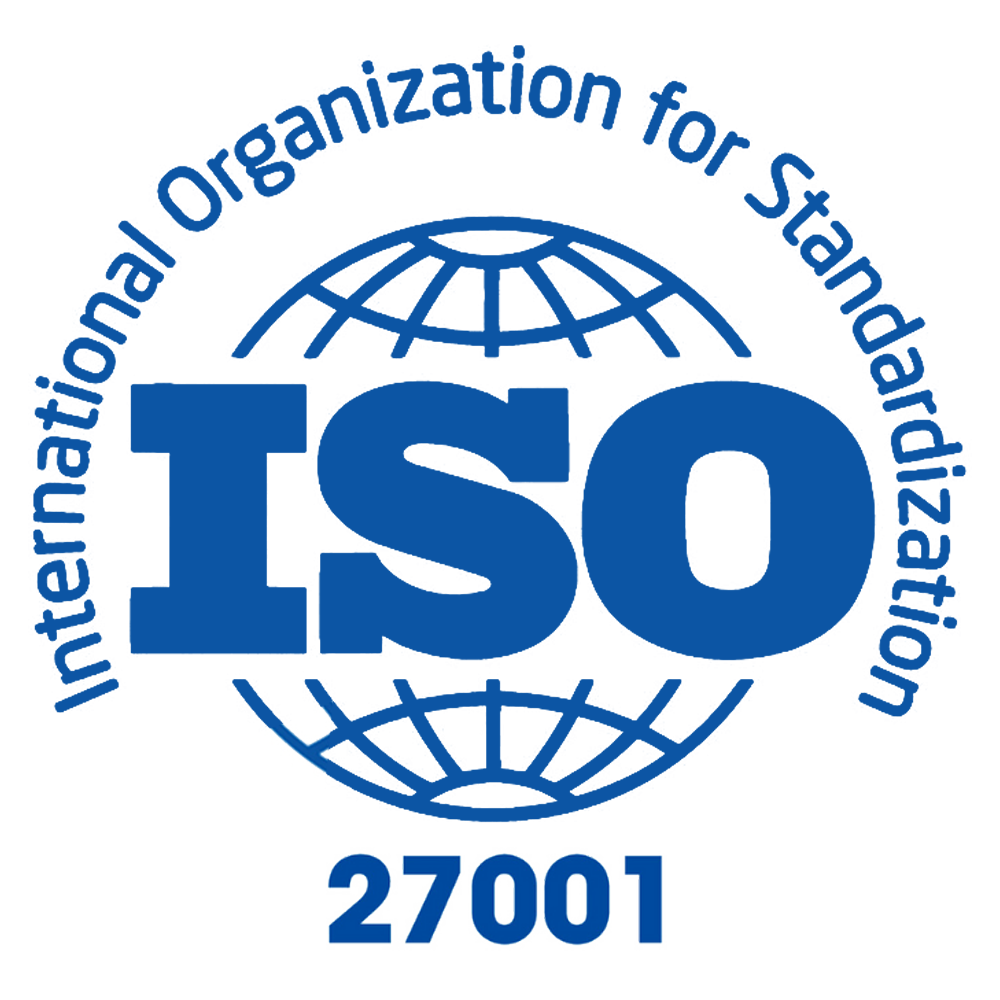 Blue ISO logo over a globe outline with the text International Organization for Standardization around the top and 27001 at the bottom, representing ISO 27001 certification.