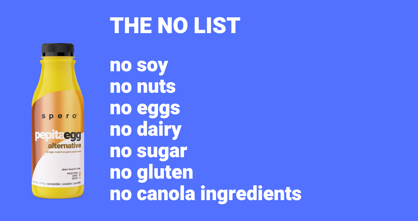 Spero Pepita Egg is healthy. No soy no nuts no eggs no dairy no sugar no gluten no canola ingredients