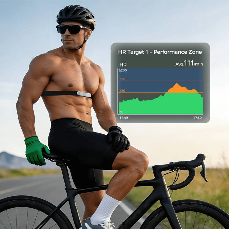 chest strap heart rate monitor with real-time BPM display during cardio workout, showing target zone