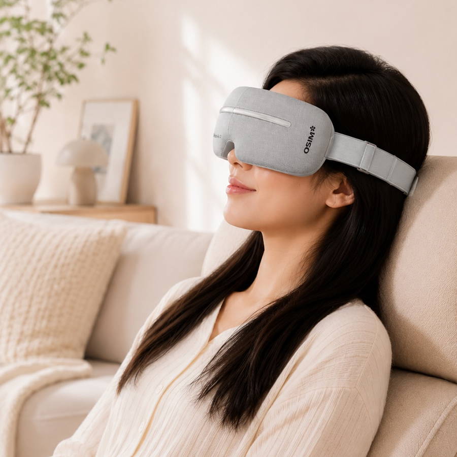 Woman relaxing at home while wearing the OSIM uVizion Air 2 eye massager