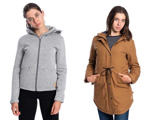 Woman wearing grey marl zip up Polartec fleece hoodie and woman wearing cotton canvas camel parka jacket from sustainable outdoors clothing brand Bleed clothing