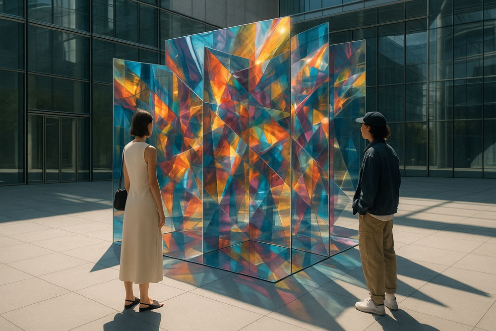 People viewing a large outdoor geometric art sculpture with vibrant, stained-glass like triangular and polygonal panels reflecting light.