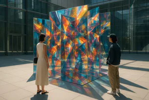 People viewing a large outdoor geometric art sculpture with vibrant, stained-glass like triangular and polygonal panels reflecting light.