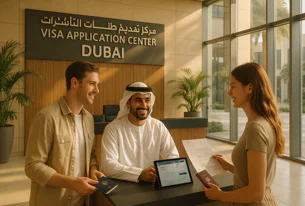 Two applicants, a man and a woman, interacting with an attendant in traditional attire at the Dubai Visa Application Center counter, holding passports and documents.