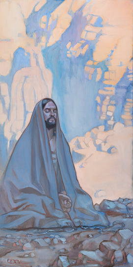 Painting of Jesus kneeling in the wildneress and praying.