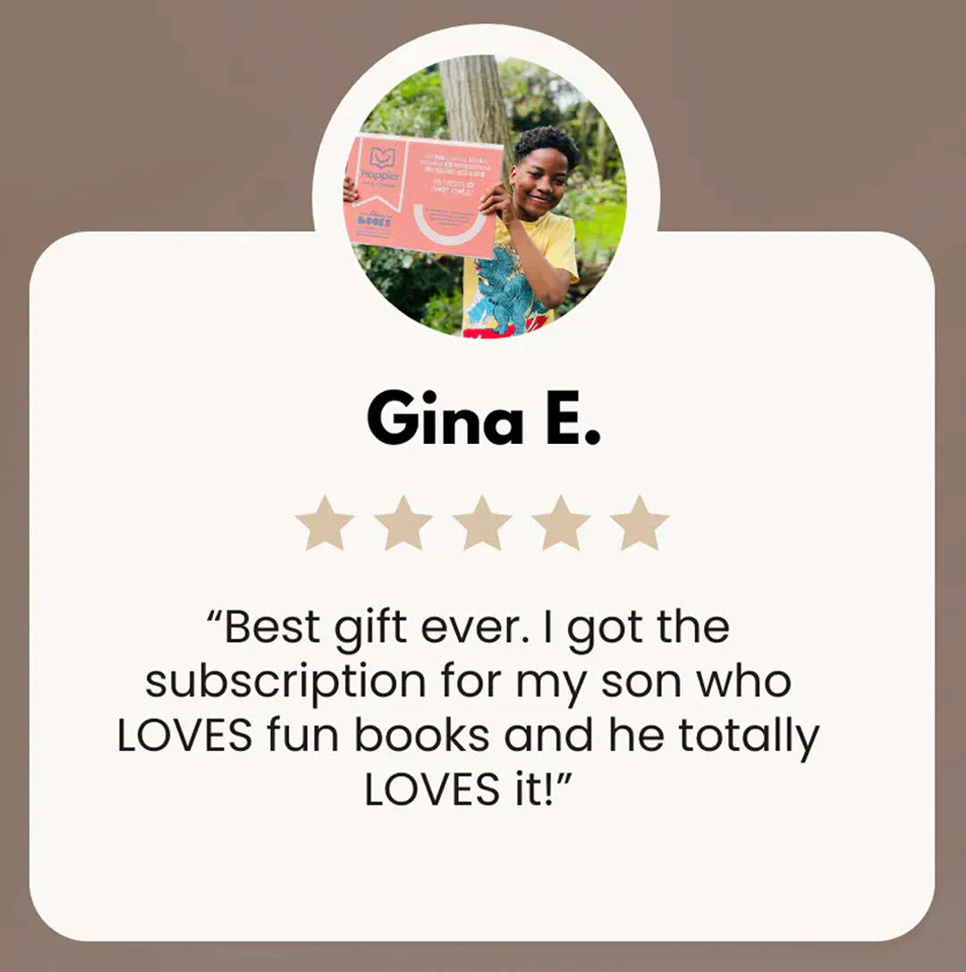 Boy holding up subscription box with a review for Happier Every Chapter Thought Leaders book box