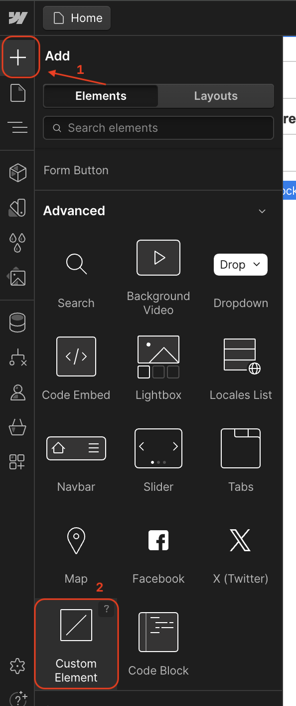 Adding a custom element block in Webflow Designer