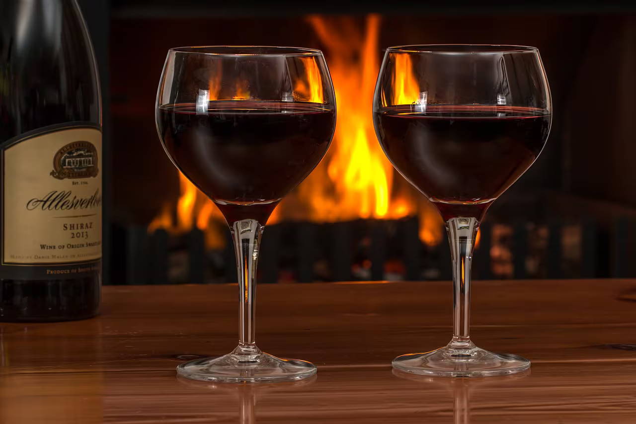 Sharing wine in front of your pellet stove insert and woos stove fireplace