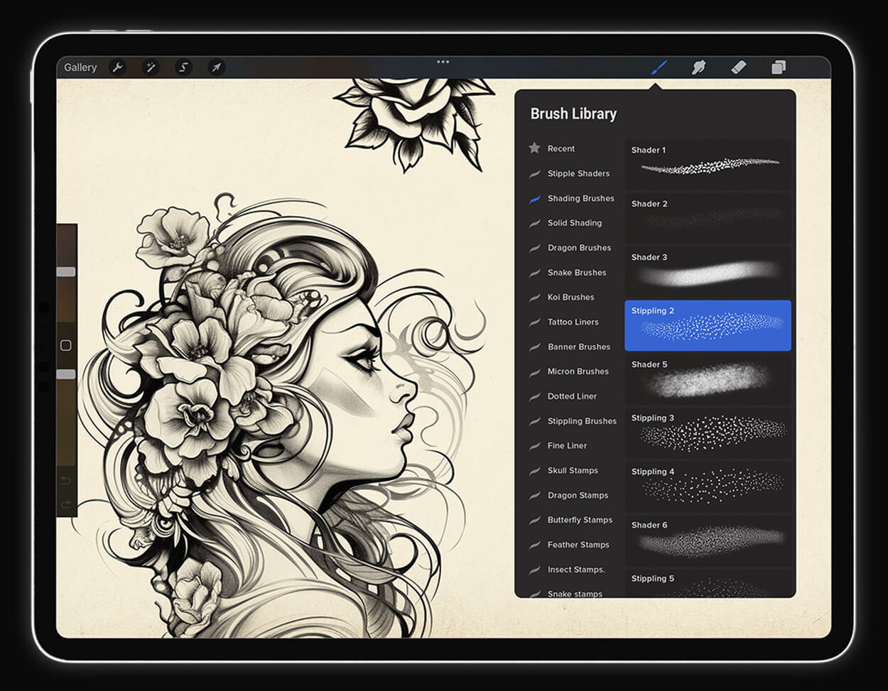 image of girl with windswept hair being drawn on an iPad with stippling brush examples