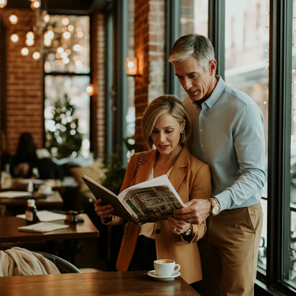 A sophisticated couple in their 50s browsing a luxury real estate brochure in an elegant Gold Coast café. The warm, upscale interior features exposed brick walls and large windows overlooking a tree-lined street. Their attire and demeanor reflect the affluent professional demographic that typically invests in this prestigious neighborhood.