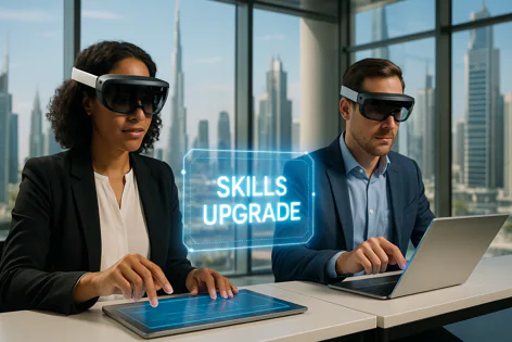 A man and woman wearing futuristic augmented reality glasses interact with devices in a modern office, displaying a holographic 'SKILLS UPGRADE' message.