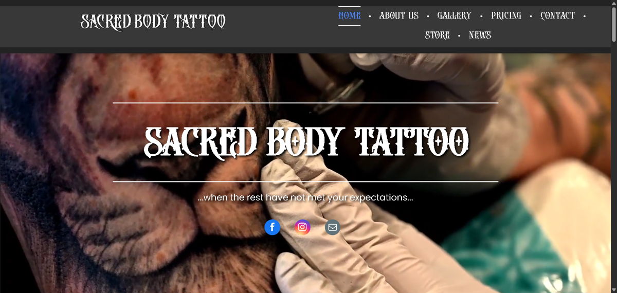 Screenshot of Sacred Body Tattoo Gallery, from the tattoo websites collection.