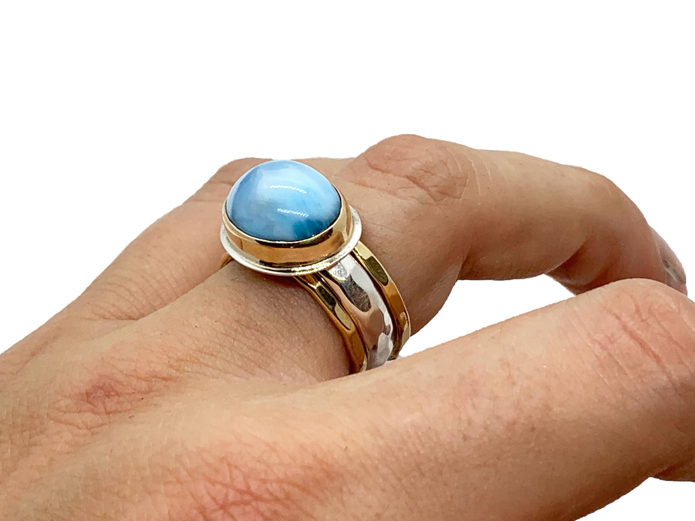  Larimar Oval Ring Two Tone Hammered Band Size 8-1/4  LARIMAR OVAL RING TWO TONE HAMMERED BAND