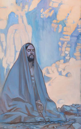Vertial painting of Jesus kneeling in prayer against a desert backdrop.