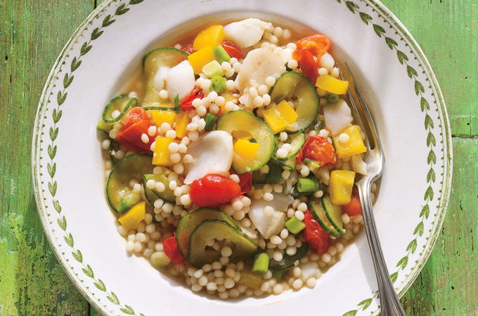 Israeli Couscous with Poached Fish and Vegetables