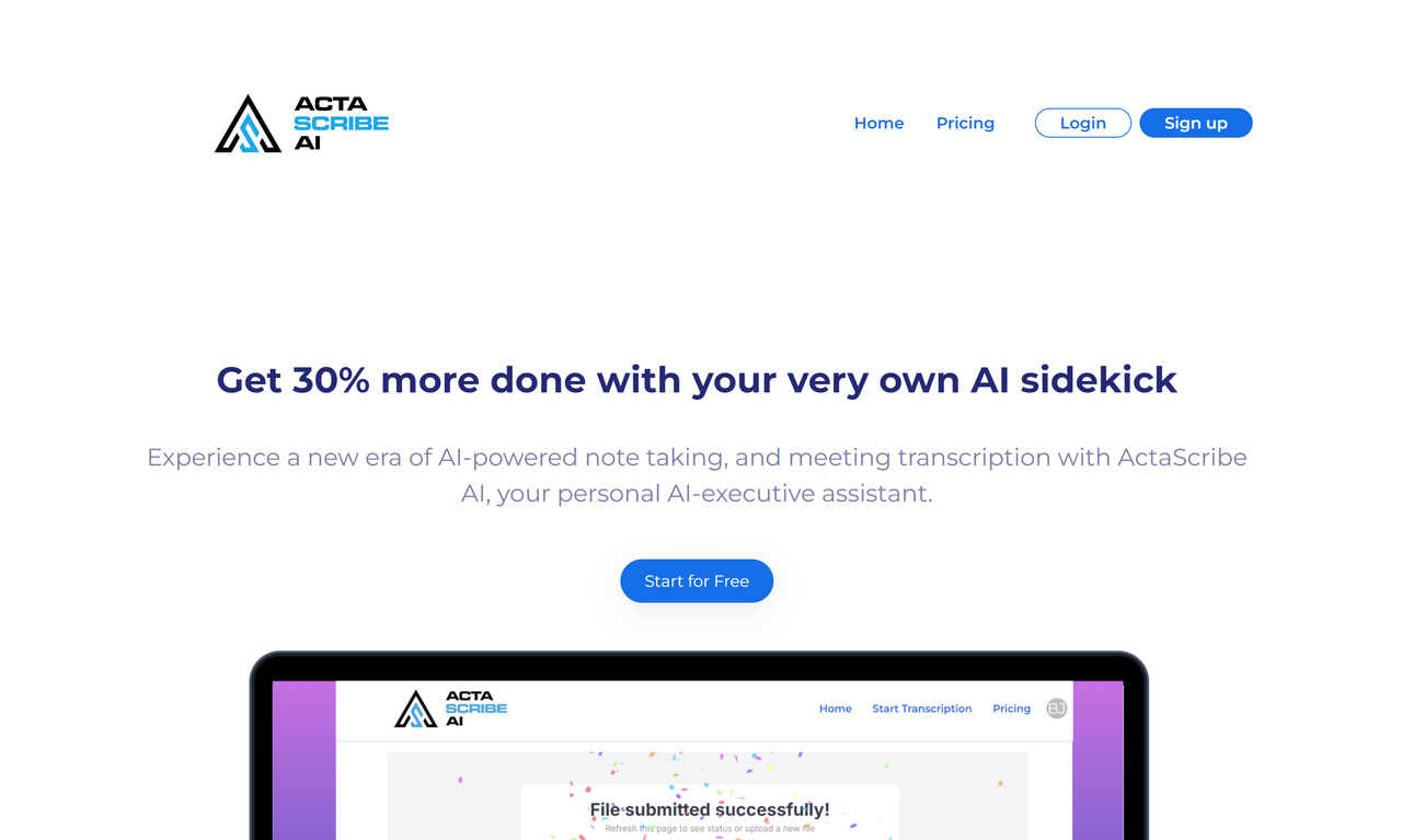 Screenshot of ActaScribe's website landing page, an AI scribe