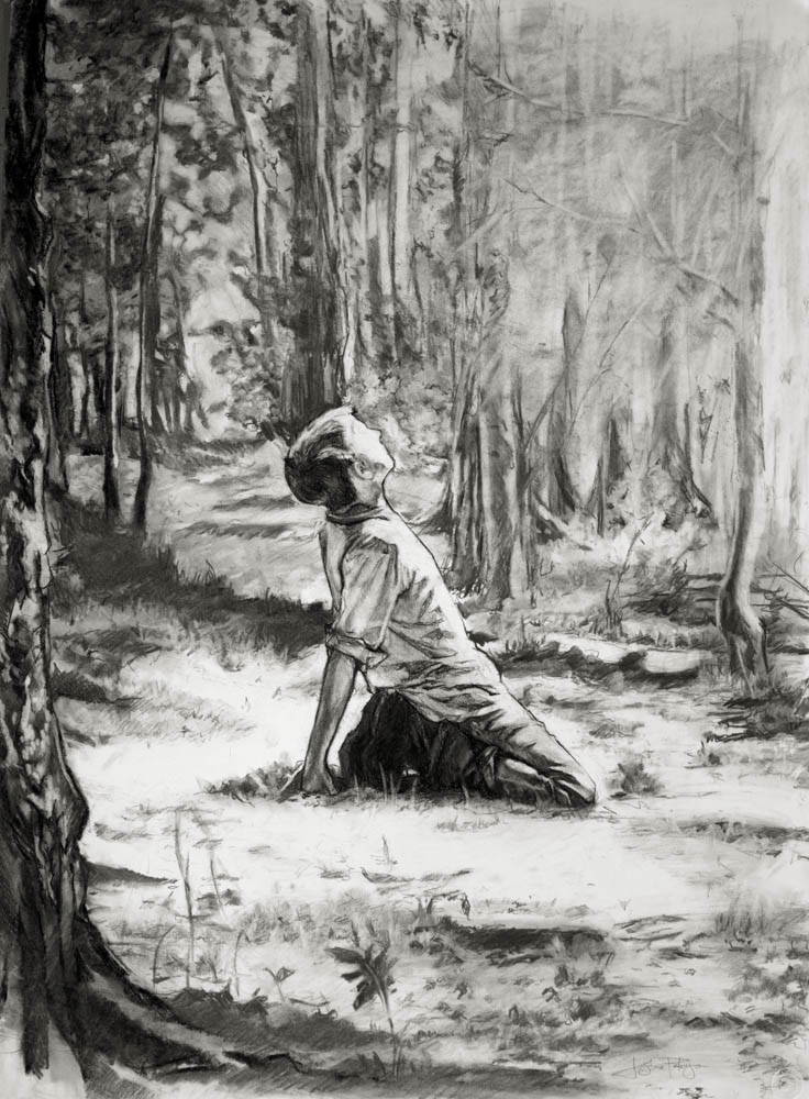Drawing of Joseph Smith kneeliing in the sacred grove, looking up toward Heaven.