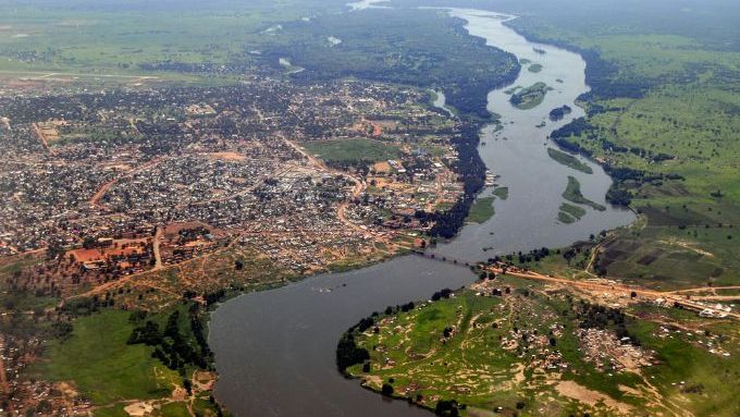 Aerial of Juba, the capital of South Sudan, with river Nile on the right