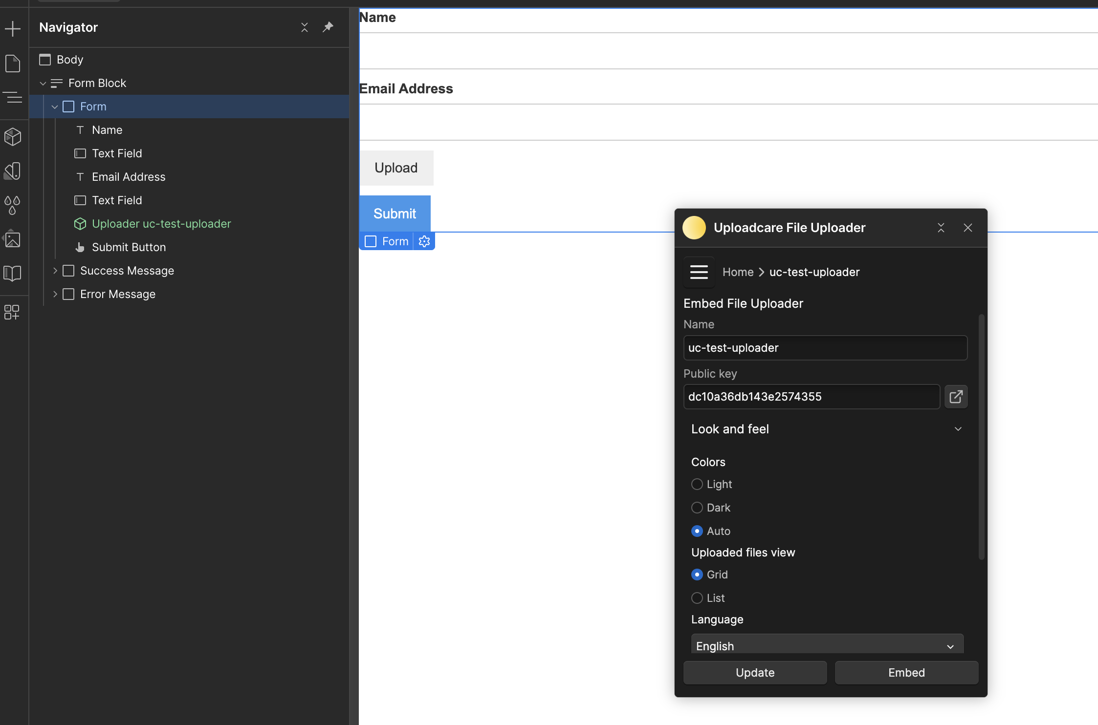 File Uploader settings modal in Webflow