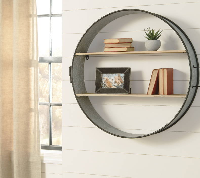 Industrial-style circular book stand for your wall. Click the "Shop Wall Decor" button to be directed to the wall decor collection page.