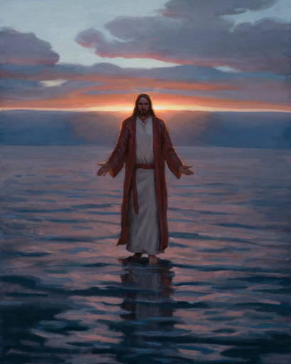 Painting of Jesus walking on water with an orange sunset in the background.